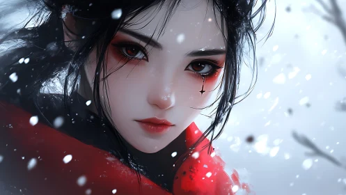 Winter gaze of the scarlet wanderer in swirling snow.