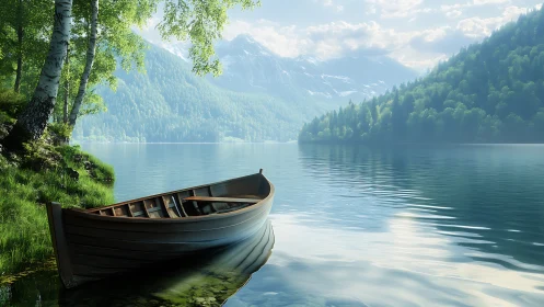 Quiet wooden boat dreaming under alpine morning light.