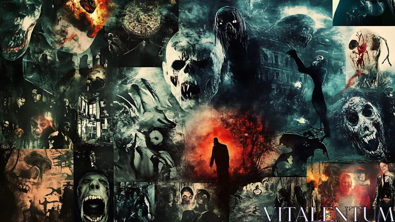 Nightmarish horror collage engulfs a lone figure in firelit gloom