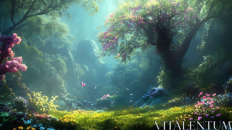 Whispering bloomtree presides over a sunlit enchanted glade.