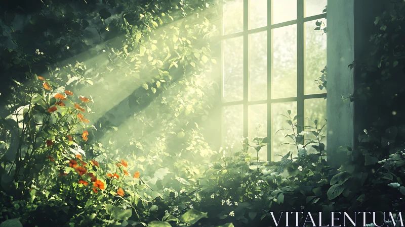Sunlit overgrown window garden rendered as digital painting