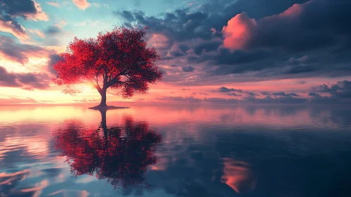 Solitary crimson tree resting in a dreamy sunset mirror.