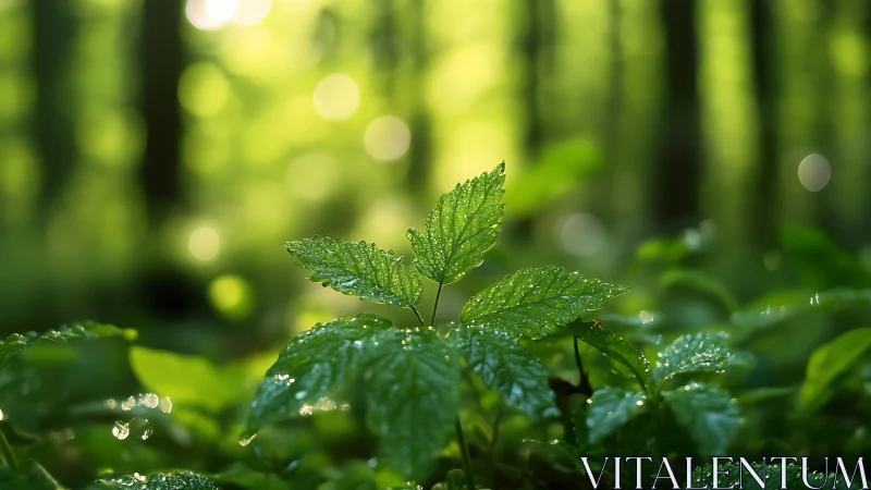 Dew-covered green leaves in sunlit forest, macro nature photography.
