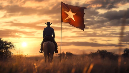 Cowboy rides toward sunset beside lone star flag.
