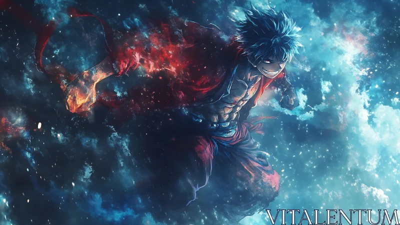 Energetic anime fighter soaring through glowing space field.