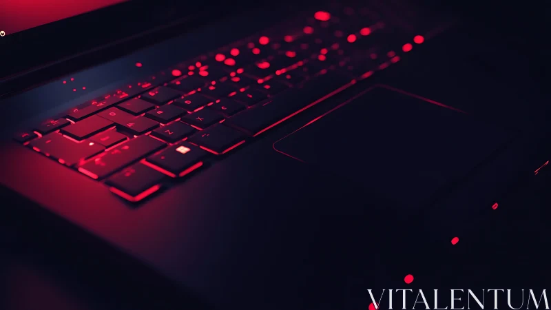 Backlit laptop keyboard in low key red cyberpunk illumination