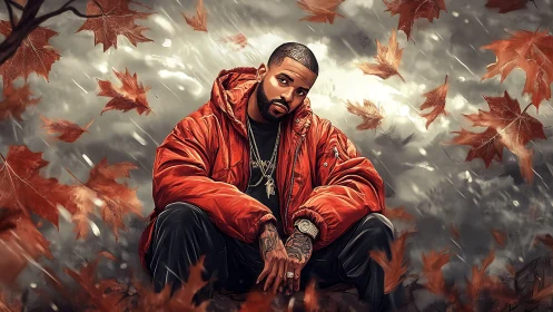 Urban portrait under stormy sky with swirling autumn leaves.