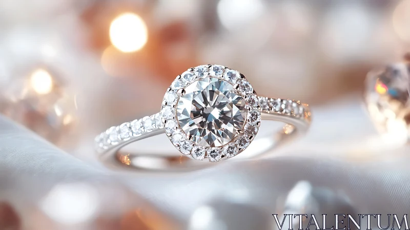 Halo-set diamond engagement ring glows in soft bokeh light