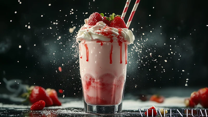 Photorealistic strawberry milkshake with dynamic splash styling.
