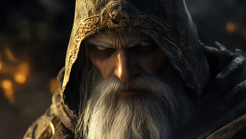 Hooded elderly male character rendered in detailed 3D closeup