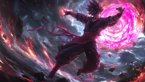 Warrior channels cosmic vortex amid erupting storm sky