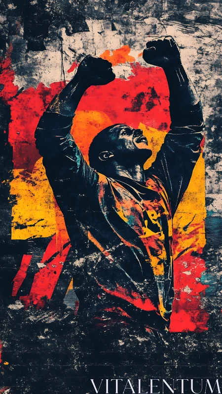 Man raises clenched fists in distressed graphic artwork