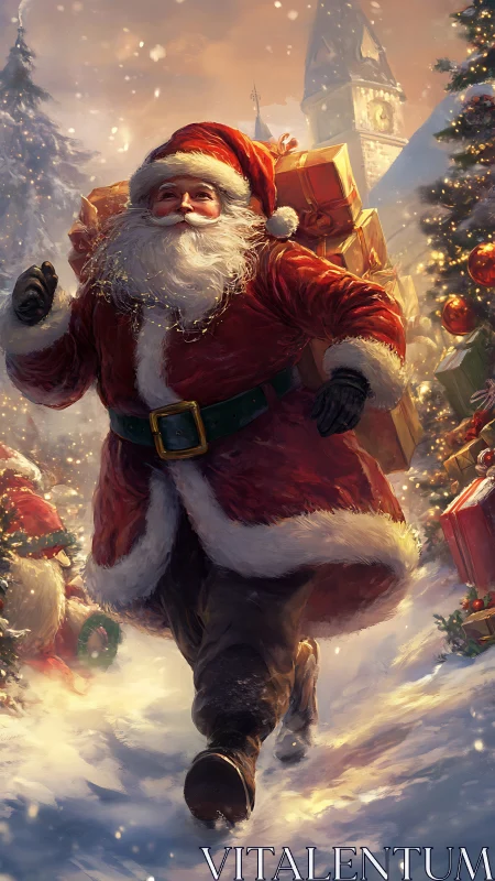 Jolly Santa hurries through snowy streets with bright gifts.