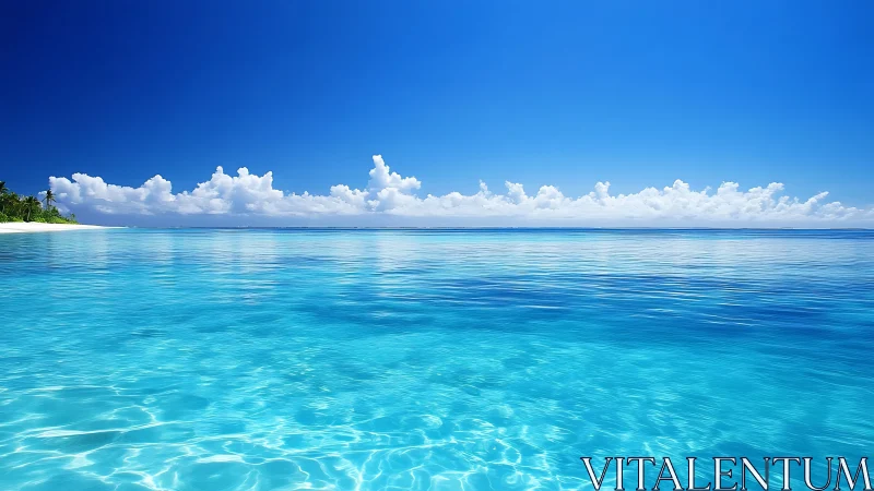 Tropical turquoise sea under deep blue cloud-lined sky.