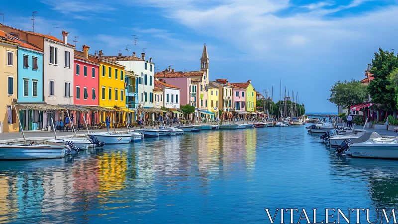 Colorful canalfront houses with moored boats under clear sky