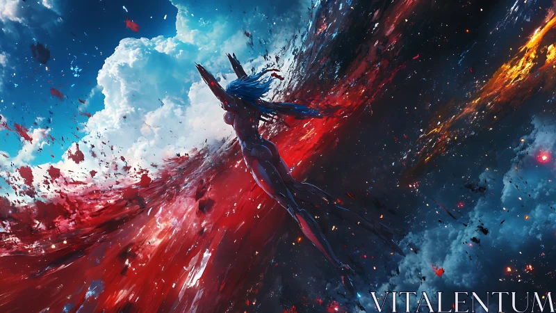 Cybernetic woman ascending through nebula rift and cloud vortex