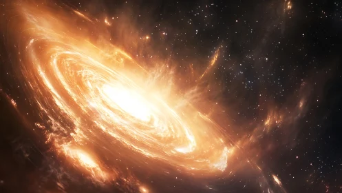 Spiraling golden galaxy swirls around radiant stellar core