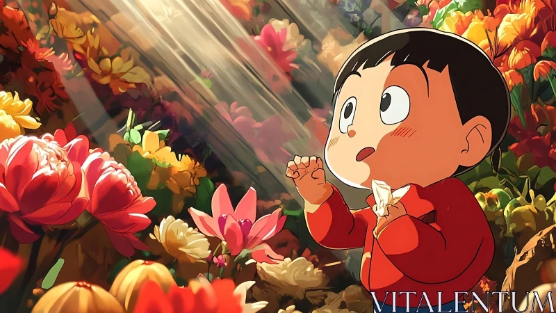 Young child marvels at glowing flower garden in sunbeams