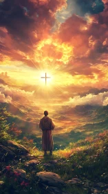 Pilgrim bathed in dawnlight gazes toward radiant cross horizon.