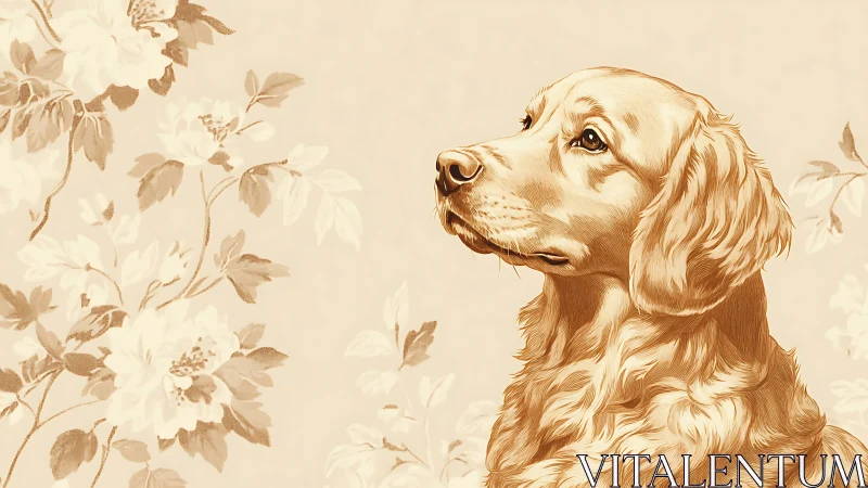 Gentle golden retriever among soft vintage florals.