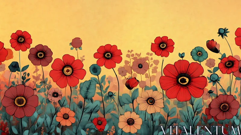 Wildflower Field Against Golden Sky. Digital Botanical Art.