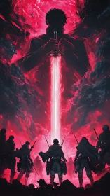 Silhouetted warriors confront a colossal red energy sword