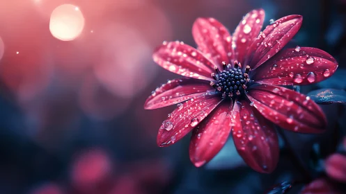 Pink flower with water droplets exhibits radial symmetry and selective focus photography.