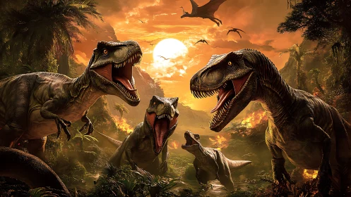 Roaring Tyrannosaur Pack Under Emberstorm Jurassic Sunset.