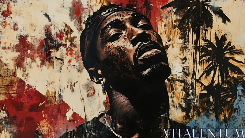 Portrait of man with textured background and palm silhouettes