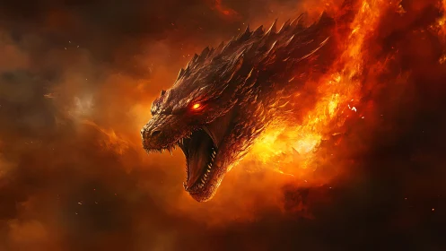 Fiery dragon head roars to life in a blazing storm of flame