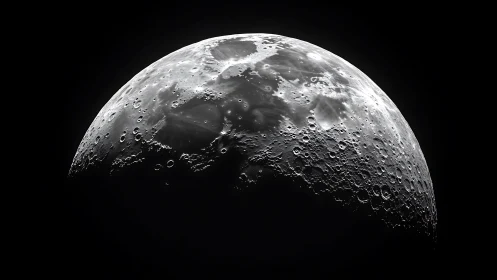 Lunar crescent reveals high-contrast cratered surface in space