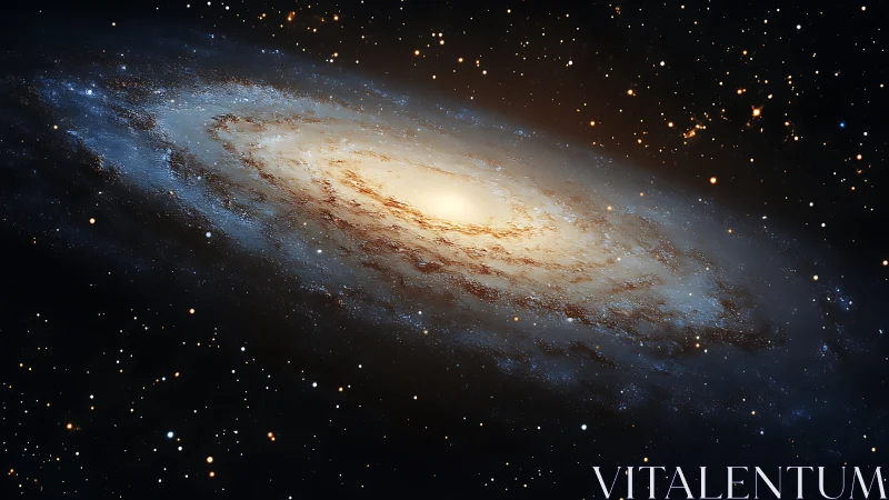 Digital painting of spiral galaxy with luminous stellar core.