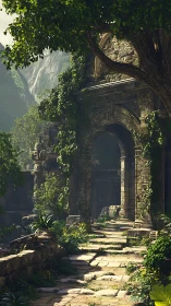 Overgrown stone ruins with archway in dense green forest.