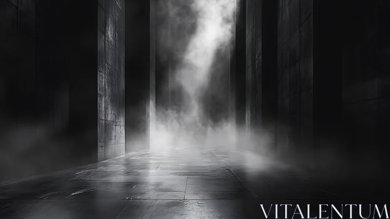 Misty stone corridor inviting quiet steps toward light.