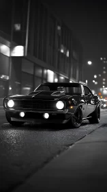 Black muscle car is parked on an empty night city street