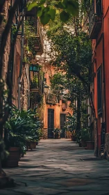 Narrow European alleyway with plants and residential facades.