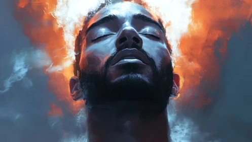 Intense digital portrait of man with fiery glowing aura.