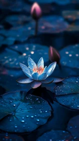 Nocturnal lotus bloom with luminous dewdrop petals.