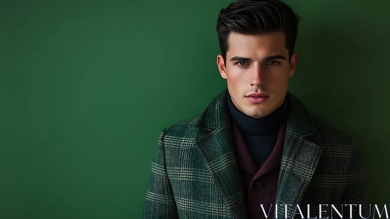 Man in layered winter coat poses against solid green background