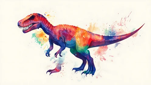 Rainbow roar: watercolor T-Rex stomping through colorstorms.