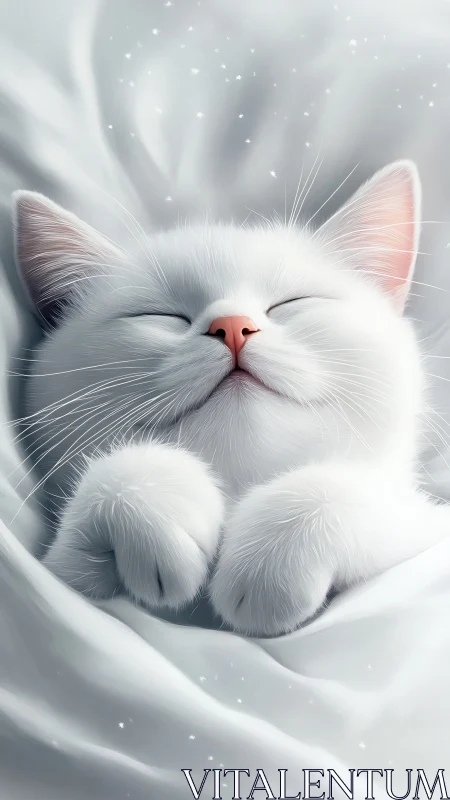 Serene white kitten with closed eyes nestled in luminous ethereal environment.