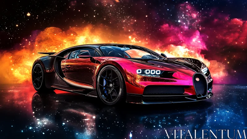 Red hypercar rendered against bright cosmic nebula backdrop.