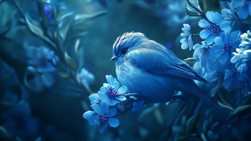 Photorealistic Digital Bird Rendered in Cyanotype Aesthetic Among Dimensional Floral Forms
