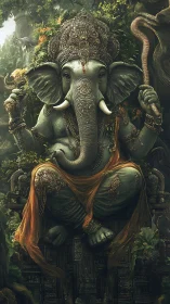 Elephant-headed deity statue with intricate foliage-integrated armor