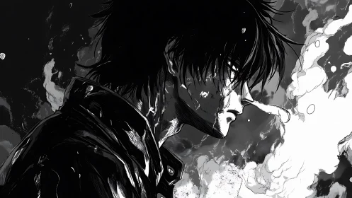 Stormlit manga warrior in stark monochrome profile portrait.