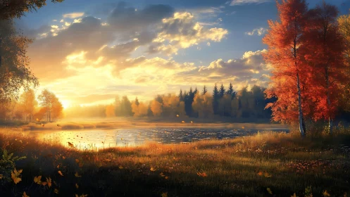 Autumn lake landscape under bright golden sunset light.