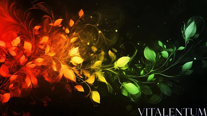 Colorful swirling leaves dance across a glowing dark sky
