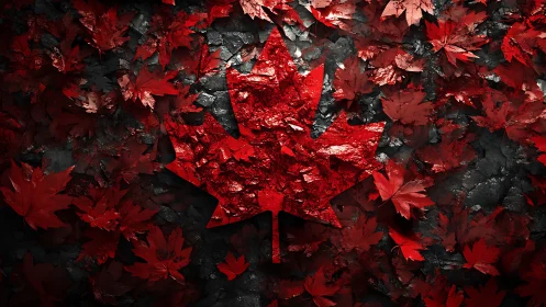 Textured red maple leaf emblem on dark leafy background.