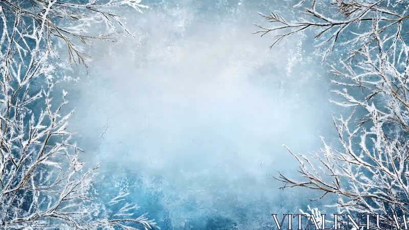 Frosted deciduous branches framing pale blue winter sky