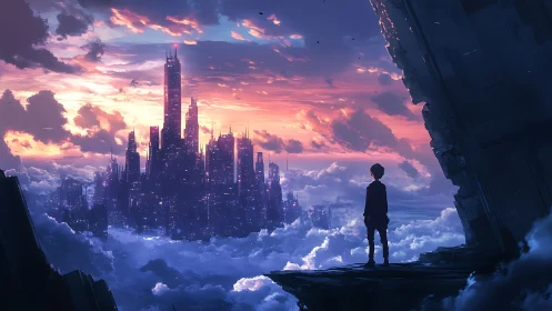 Silhouette observes elevated futuristic city above cloud layer